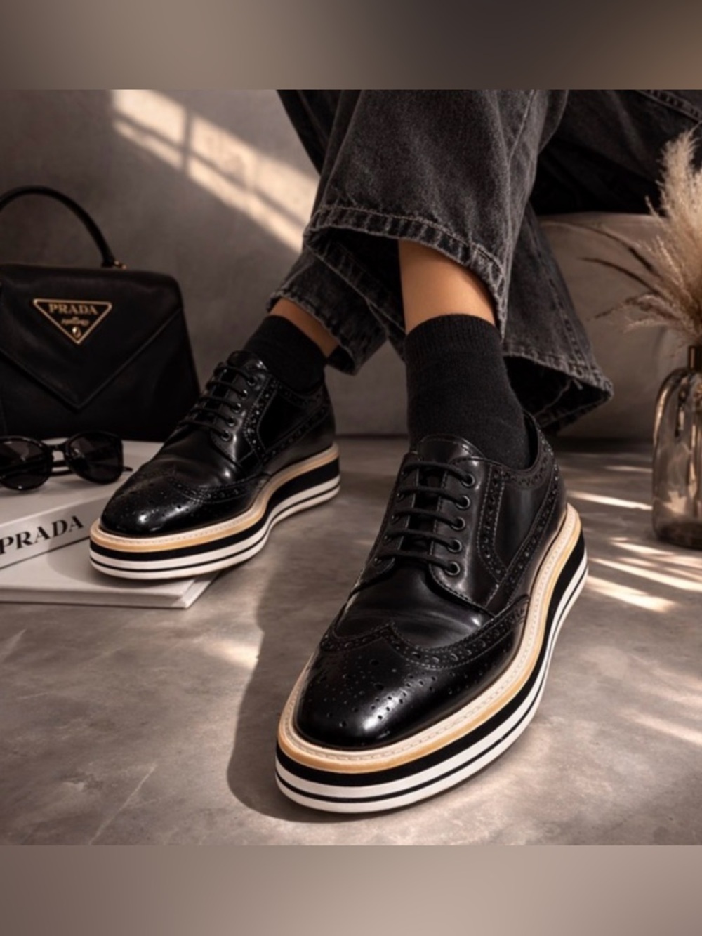 Prada Black Leather Platform Brogue Flats with Contrasting Stripes